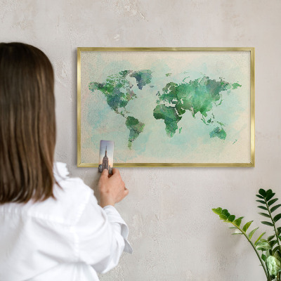 Lavagna per calamite delle vacanze con cornice dorata Mappa del mondo