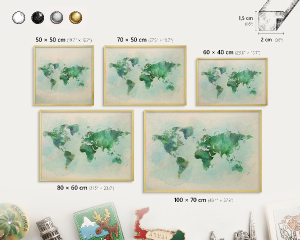 Lavagna per calamite delle vacanze con cornice dorata Mappa del mondo