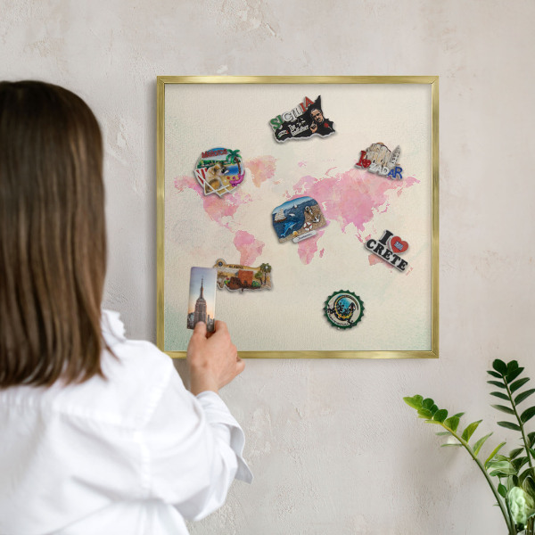 Lavagna magnetica per calamite souvenir in colore oro Mappa del mondo