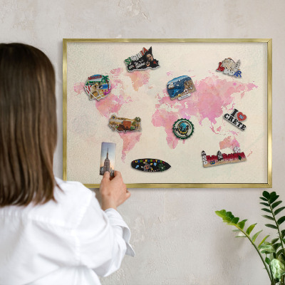 Lavagna magnetica per calamite souvenir in colore oro Mappa del mondo