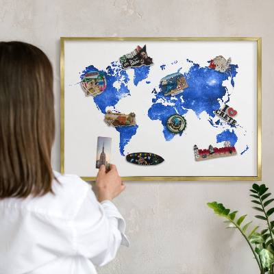 Lavagna per calamite delle vacanze con cornice dorata Mappa del mondo
