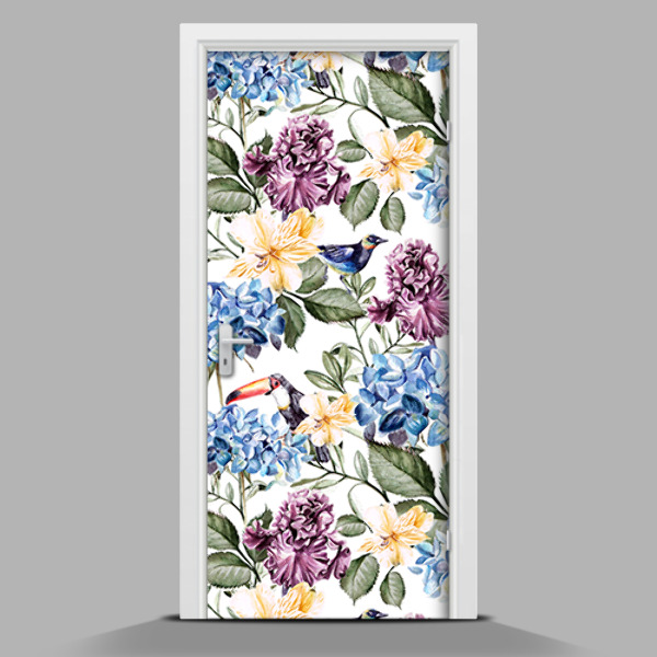 Adesivo per porta interna con fiori colorati e tucani