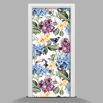Adesivo per porta interna con fiori colorati e tucani