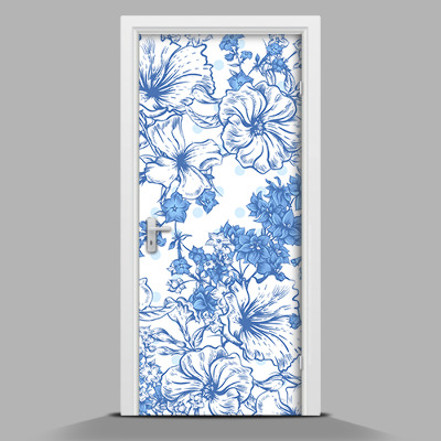 Adesivo per porta con motivo di fiori dipinti in blu